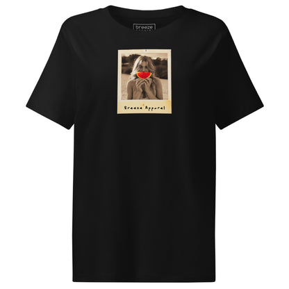 Black t-shirt with graphic of woman holding a watermelon slice in front of her mouth.