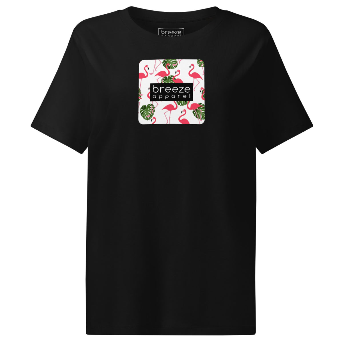 Black t-shirt with pattern of flamingos inside of a square, overlaid with a black box with 'breeze apparel' in white inside.