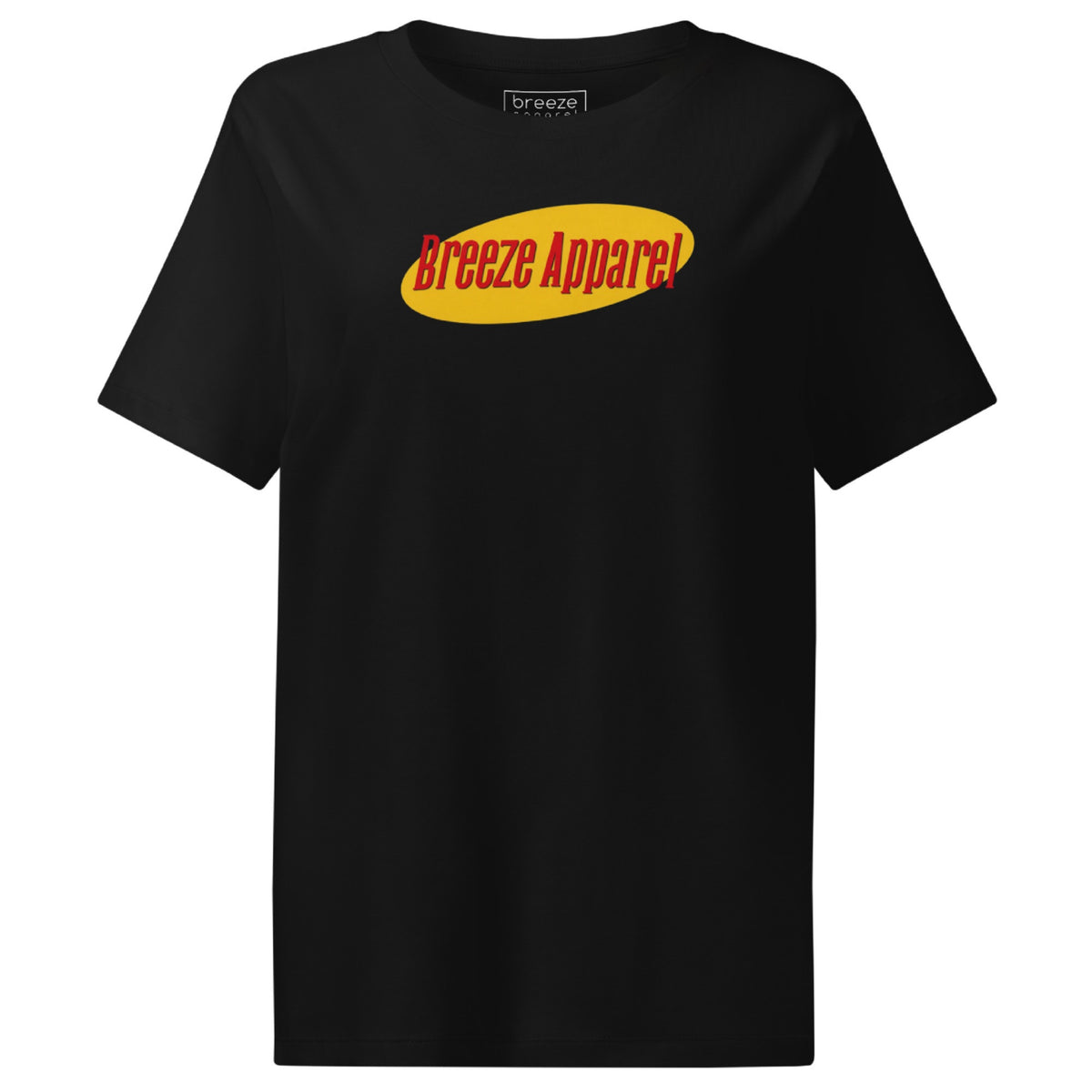 Black t-shirt with graphic of 'Breeze Apparel' in red lettering set on a yellow oval.