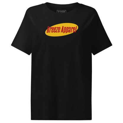 Black t-shirt with graphic of 'Breeze Apparel' in red lettering set on a yellow oval.