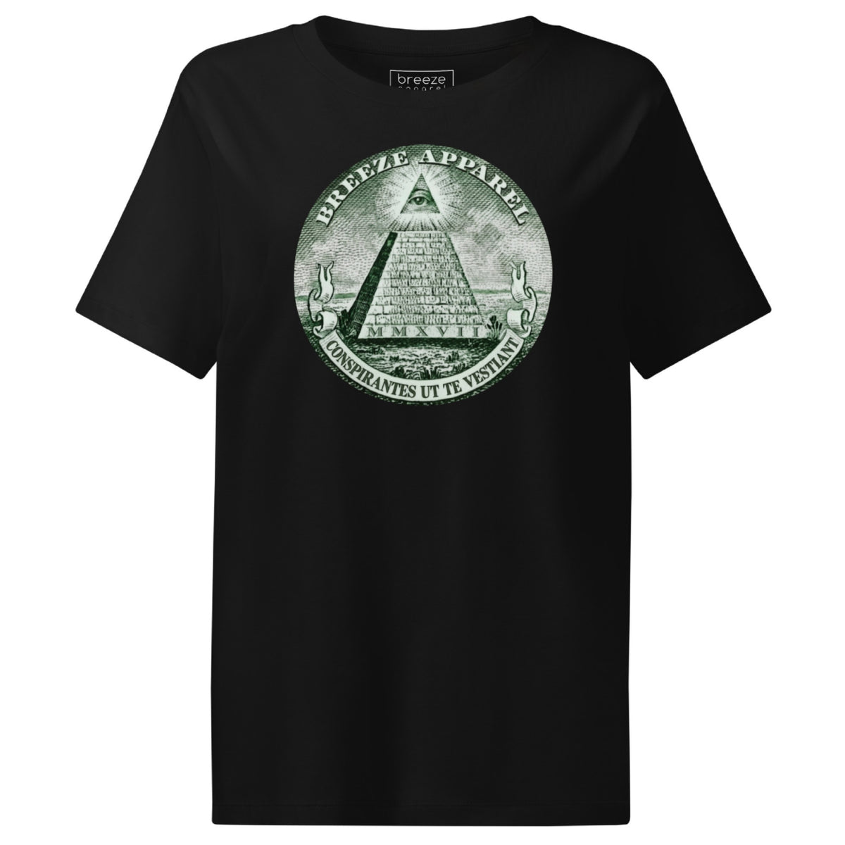 Black t-shirt with graphic of pyramid resembling that on the US one-dollar bill.