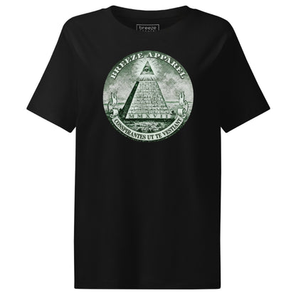 Black t-shirt with graphic of pyramid resembling that on the US one-dollar bill.