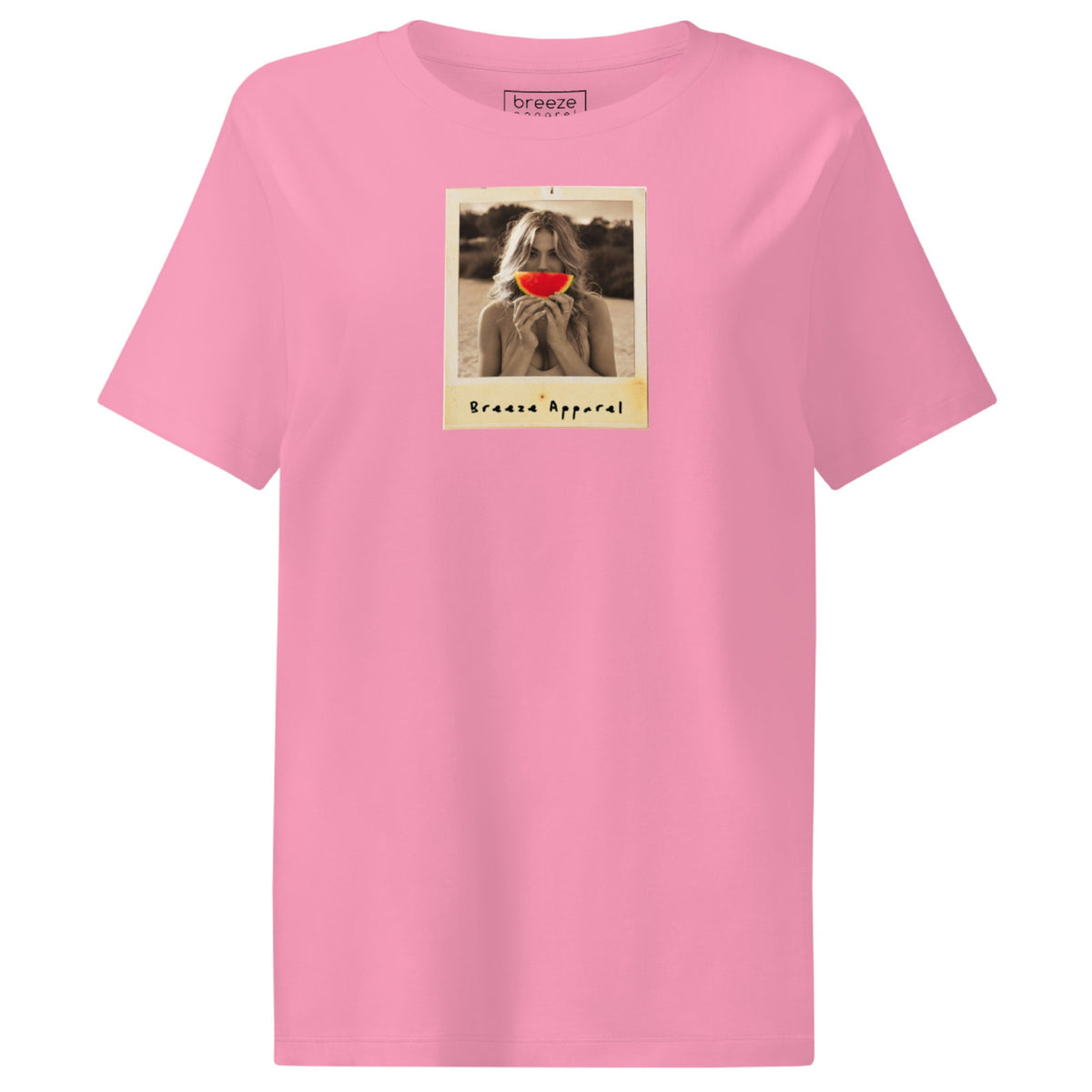 Pink t-shirt with graphic of woman holding a watermelon slice in front of her mouth.