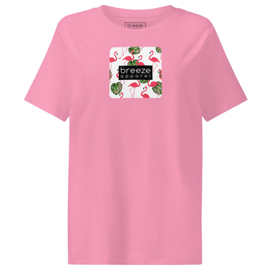 Pink t-shirt with pattern of flamingos inside of a square, overlaid with a black box with 'breeze apparel' in white inside.