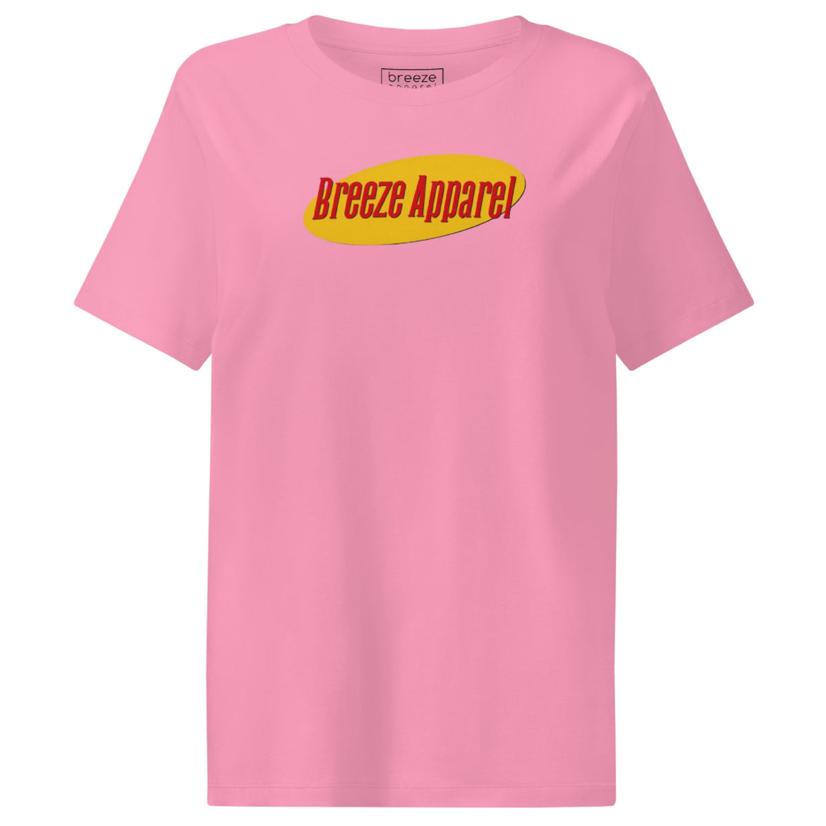 Pink t-shirt with graphic of 'Breeze Apparel' in red lettering set on a yellow oval.
