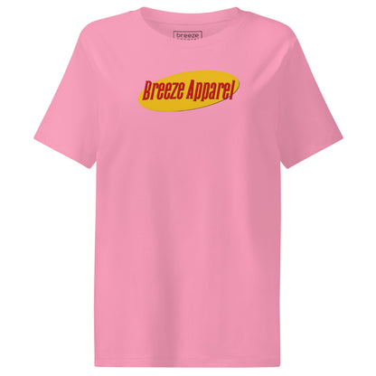 Pink t-shirt with graphic of 'Breeze Apparel' in red lettering set on a yellow oval.