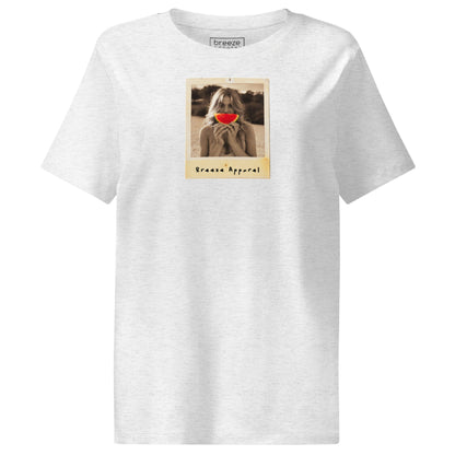Light-gray t-shirt with graphic of woman holding a watermelon slice in front of her mouth.