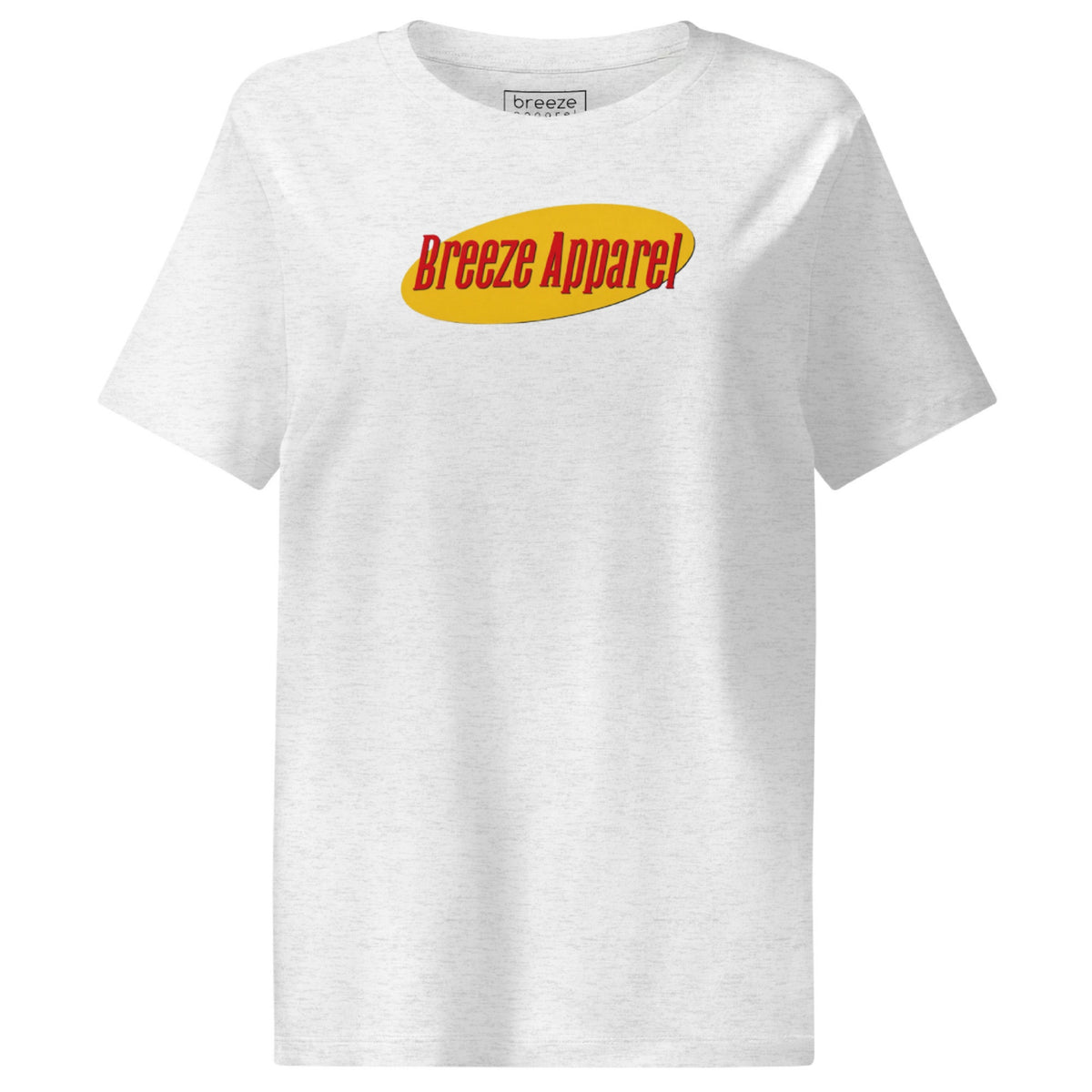 White t-shirt with graphic of 'Breeze Apparel' in red lettering set on a yellow oval.