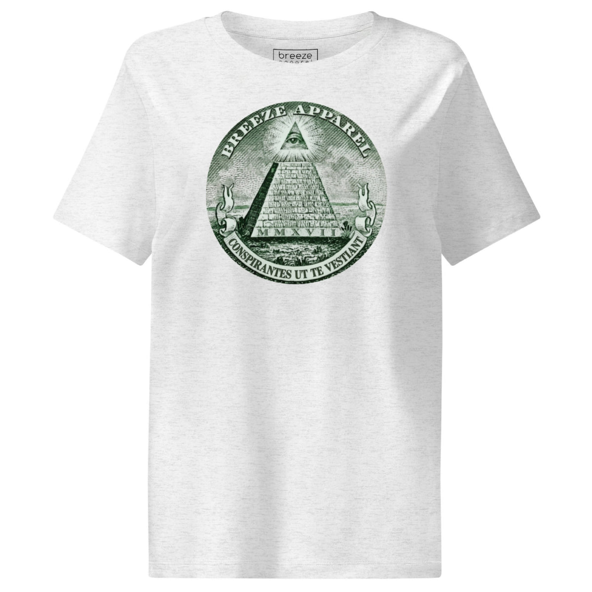 Gray t-shirt with graphic of pyramid resembling that on the US one-dollar bill.
