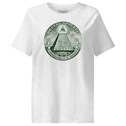 Gray t-shirt with graphic of pyramid resembling that on the US one-dollar bill.