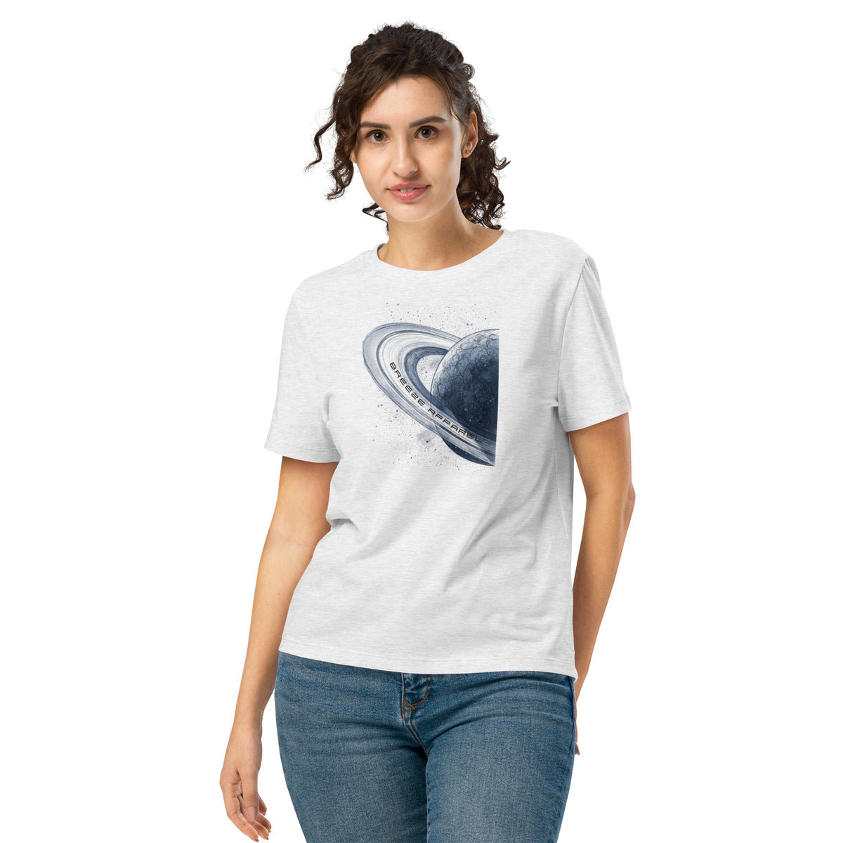 Woman wearing light-gray t-shirt with graphic of blue planet.