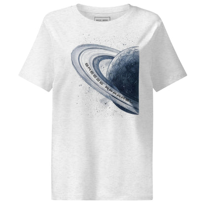 Light-gray t-shirt with graphic of blue planet.