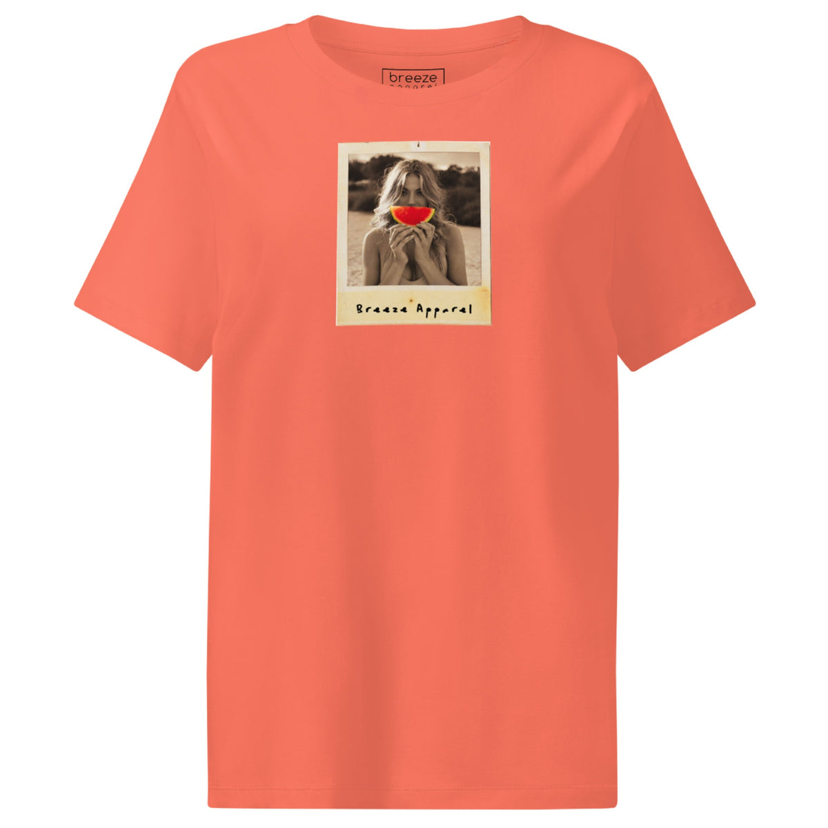 Orange t-shirt with graphic of woman holding a watermelon slice in front of her mouth.