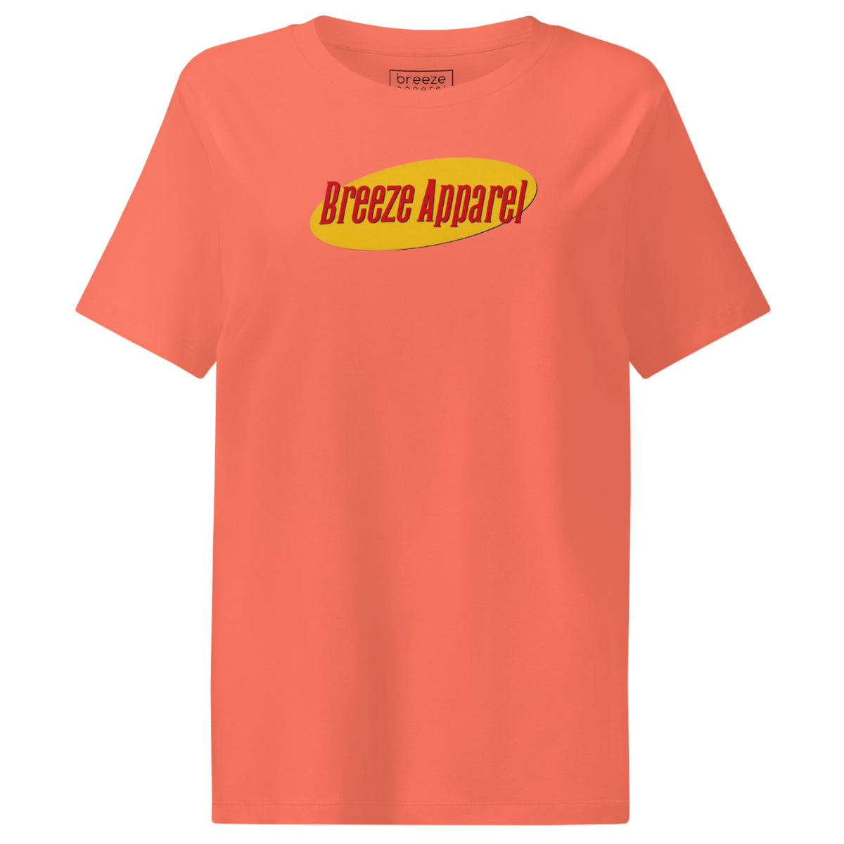 Orange t-shirt with graphic of 'Breeze Apparel' in red lettering set on a yellow oval.