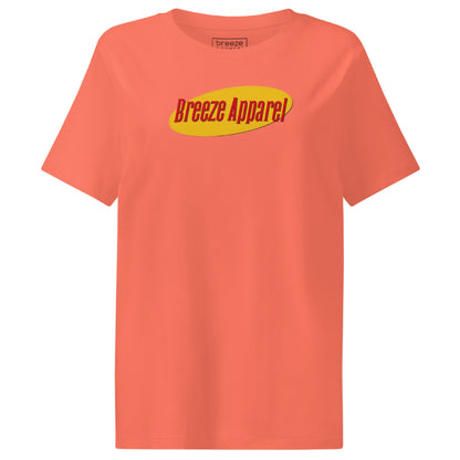 Orange t-shirt with graphic of 'Breeze Apparel' in red lettering set on a yellow oval.