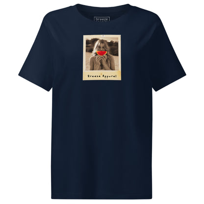 Navy t-shirt with graphic of woman holding a watermelon slice in front of her mouth.