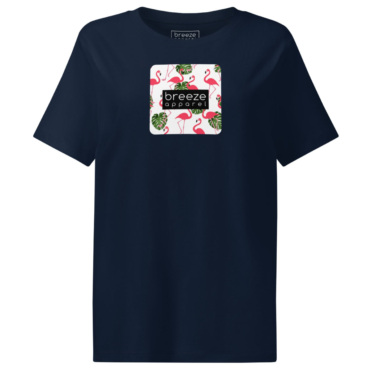 Navy t-shirt with pattern of flamingos inside of a square, overlaid with a black box with 'breeze apparel' in white inside.