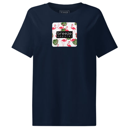 Navy t-shirt with pattern of flamingos inside of a square, overlaid with a black box with 'breeze apparel' in white inside.
