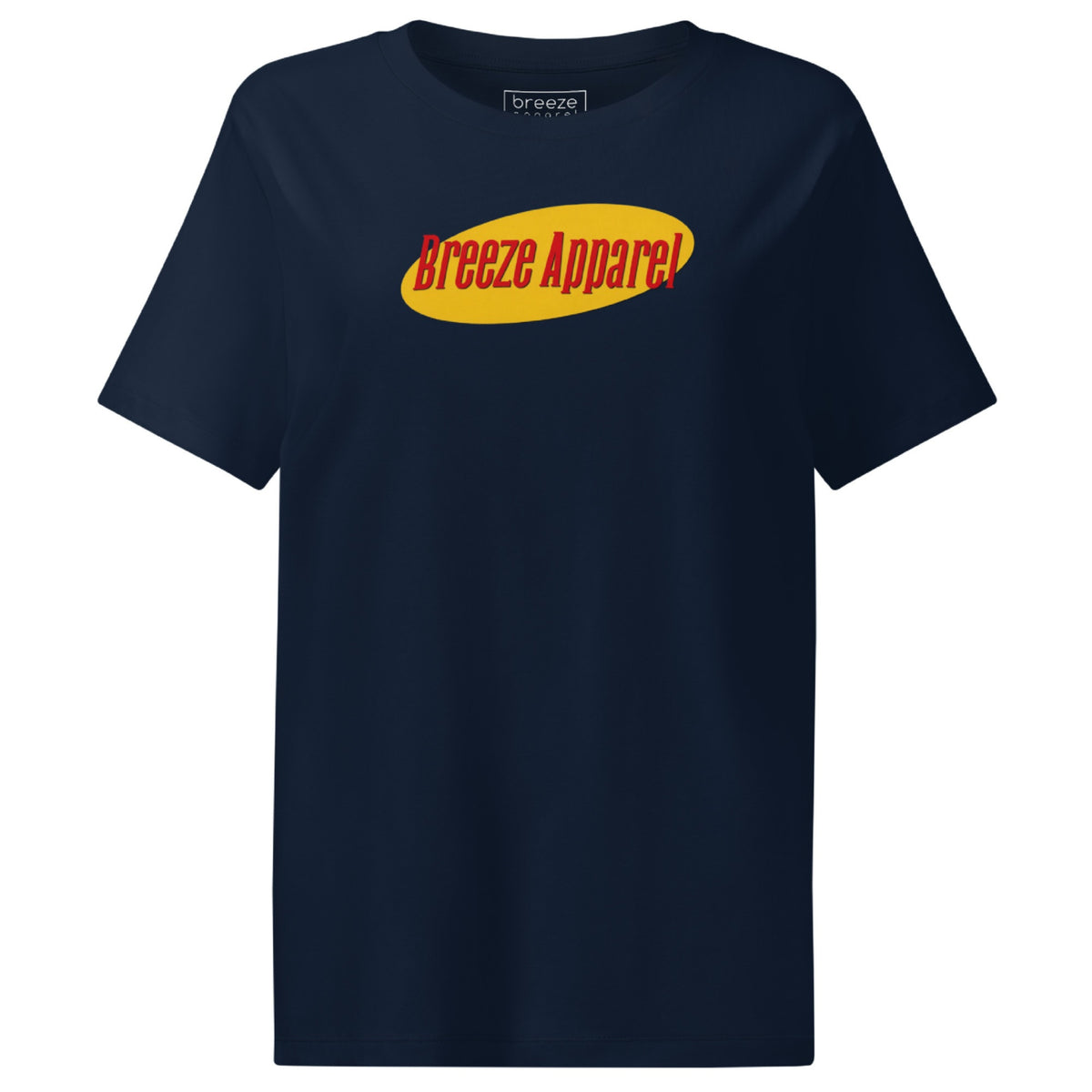 Navy t-shirt with graphic of 'Breeze Apparel' in red lettering set on a yellow oval.