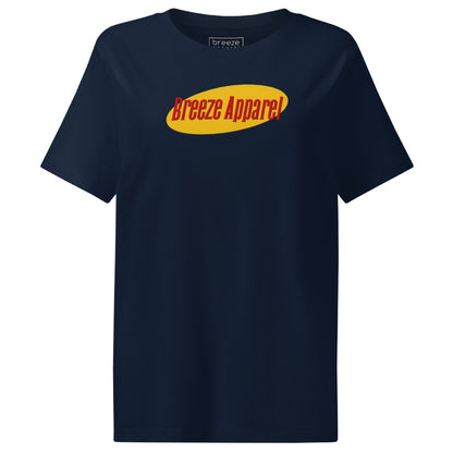 Navy t-shirt with graphic of 'Breeze Apparel' in red lettering set on a yellow oval.