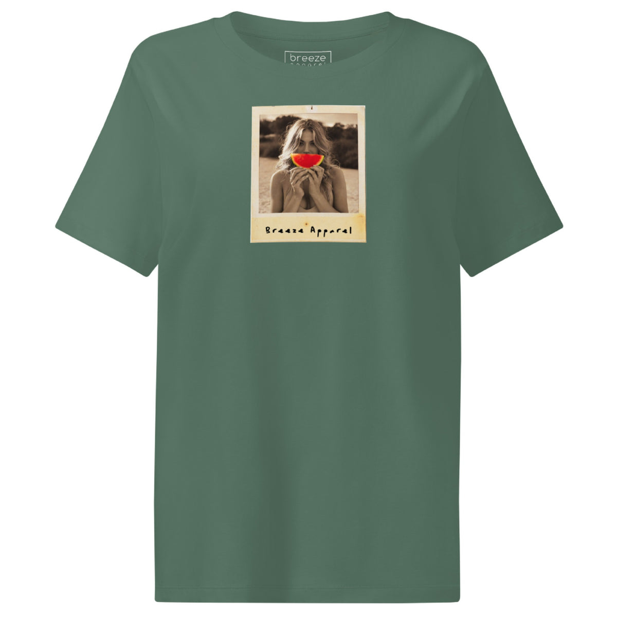 Green t-shirt with graphic of woman holding a watermelon slice in front of her mouth.