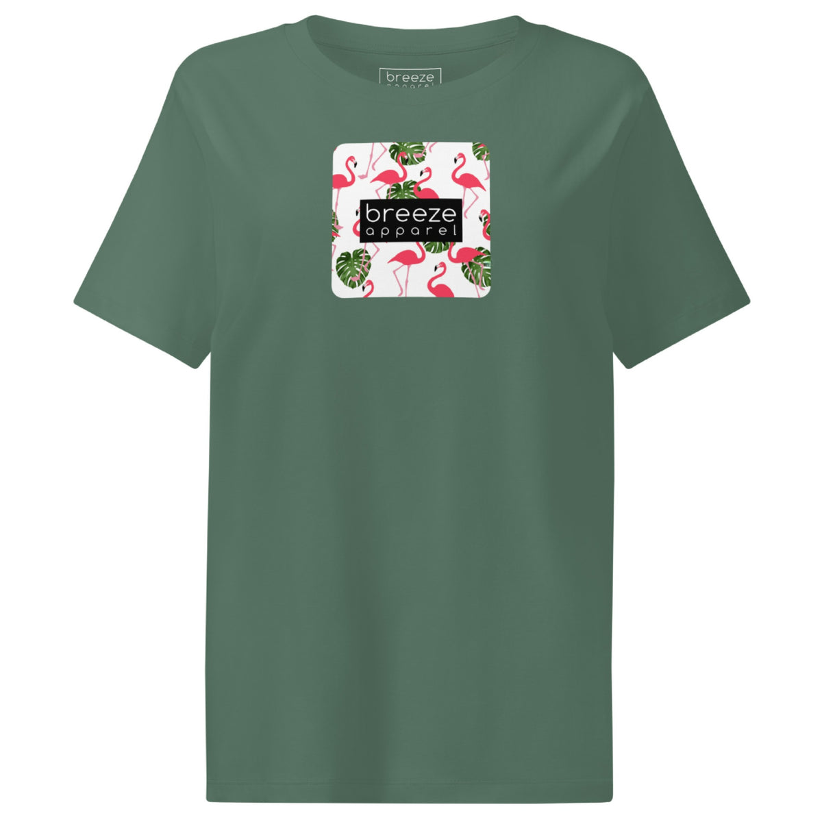 Green t-shirt with pattern of flamingos inside of a square, overlaid with a black box with 'breeze apparel' in white inside.