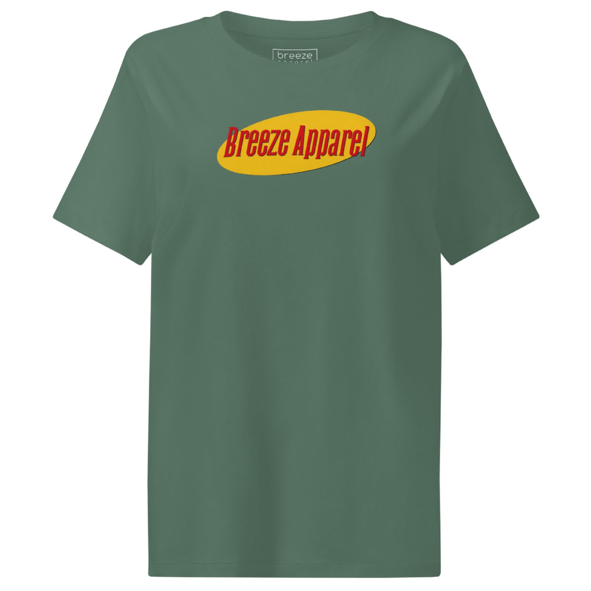 Green t-shirt with graphic of 'Breeze Apparel' in red lettering set on a yellow oval.