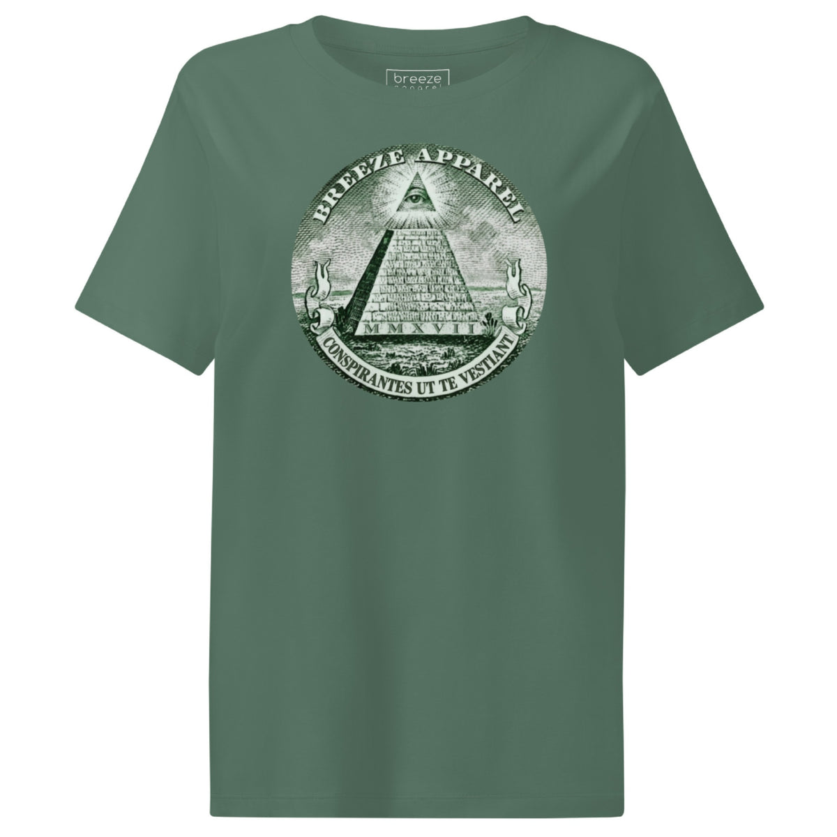Green t-shirt with graphic of pyramid resembling that on the US one-dollar bill.