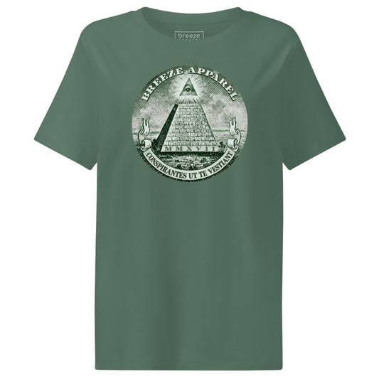 Green t-shirt with graphic of pyramid resembling that on the US one-dollar bill.