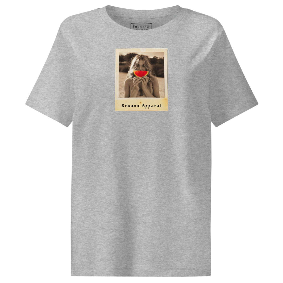 Gray t-shirt with graphic of woman holding a watermelon slice in front of her mouth.