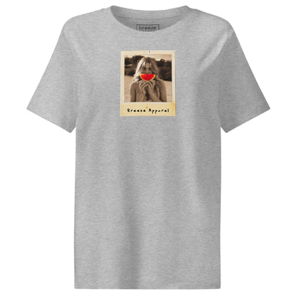 Gray t-shirt with graphic of woman holding a watermelon slice in front of her mouth.