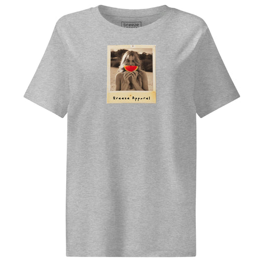 Gray t-shirt with graphic of woman holding a watermelon slice in front of her mouth.