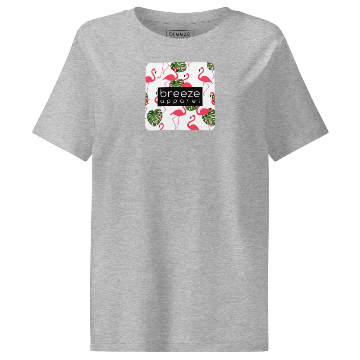 Gray t-shirt with pattern of flamingos inside of a square, overlaid with a black box with 'breeze apparel' in white inside.