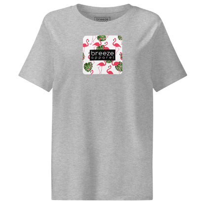 Gray t-shirt with pattern of flamingos inside of a square, overlaid with a black box with 'breeze apparel' in white inside.