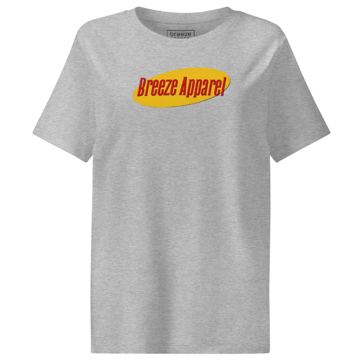 Gray t-shirt with graphic of 'Breeze Apparel' in red lettering set on a yellow oval.