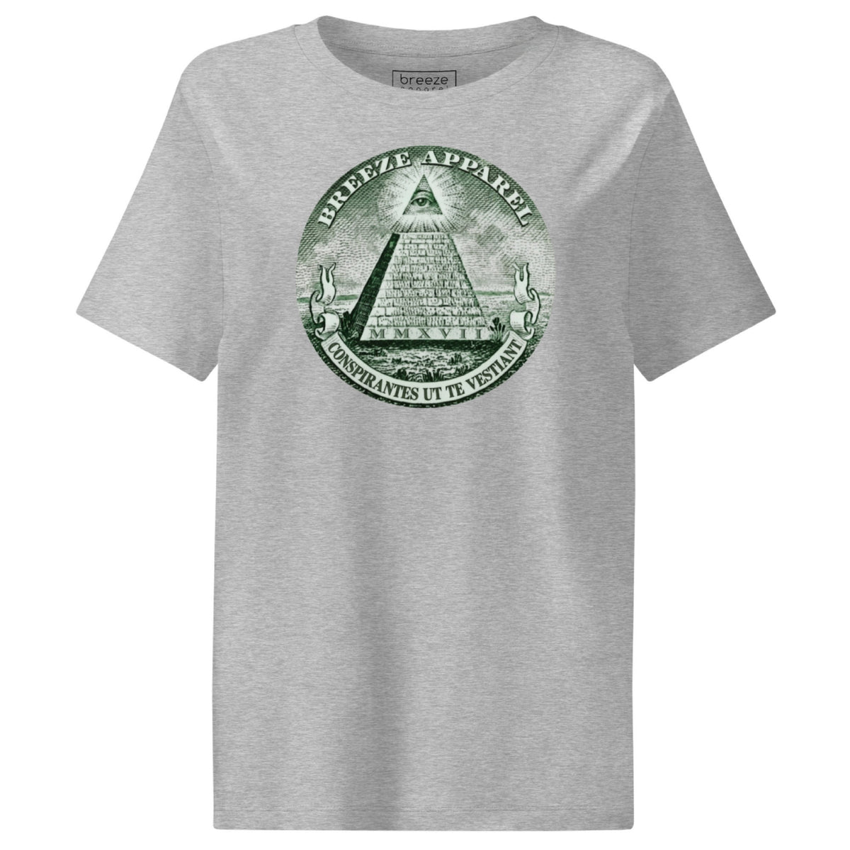 Gray t-shirt with graphic of pyramid resembling that on the US one-dollar bill.