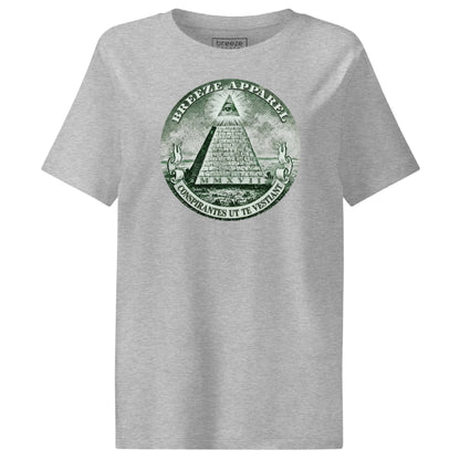 Gray t-shirt with graphic of pyramid resembling that on the US one-dollar bill.