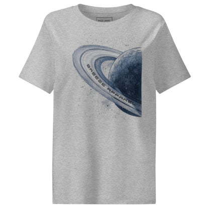 Gray t-shirt with graphic of blue planet.