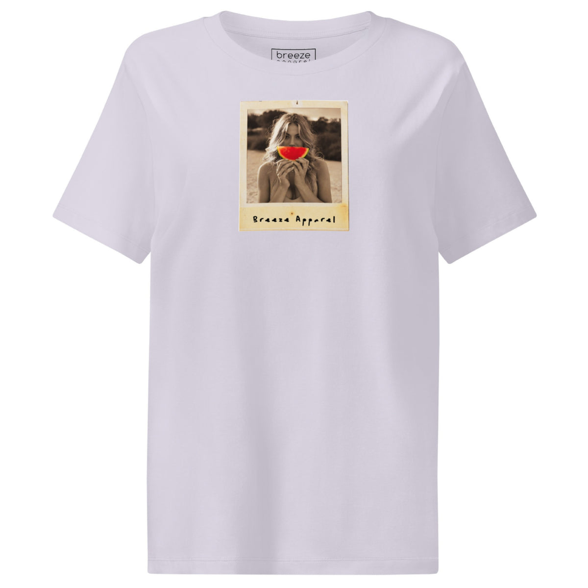 Lavender t-shirt with graphic of woman holding a watermelon slice in front of her mouth.