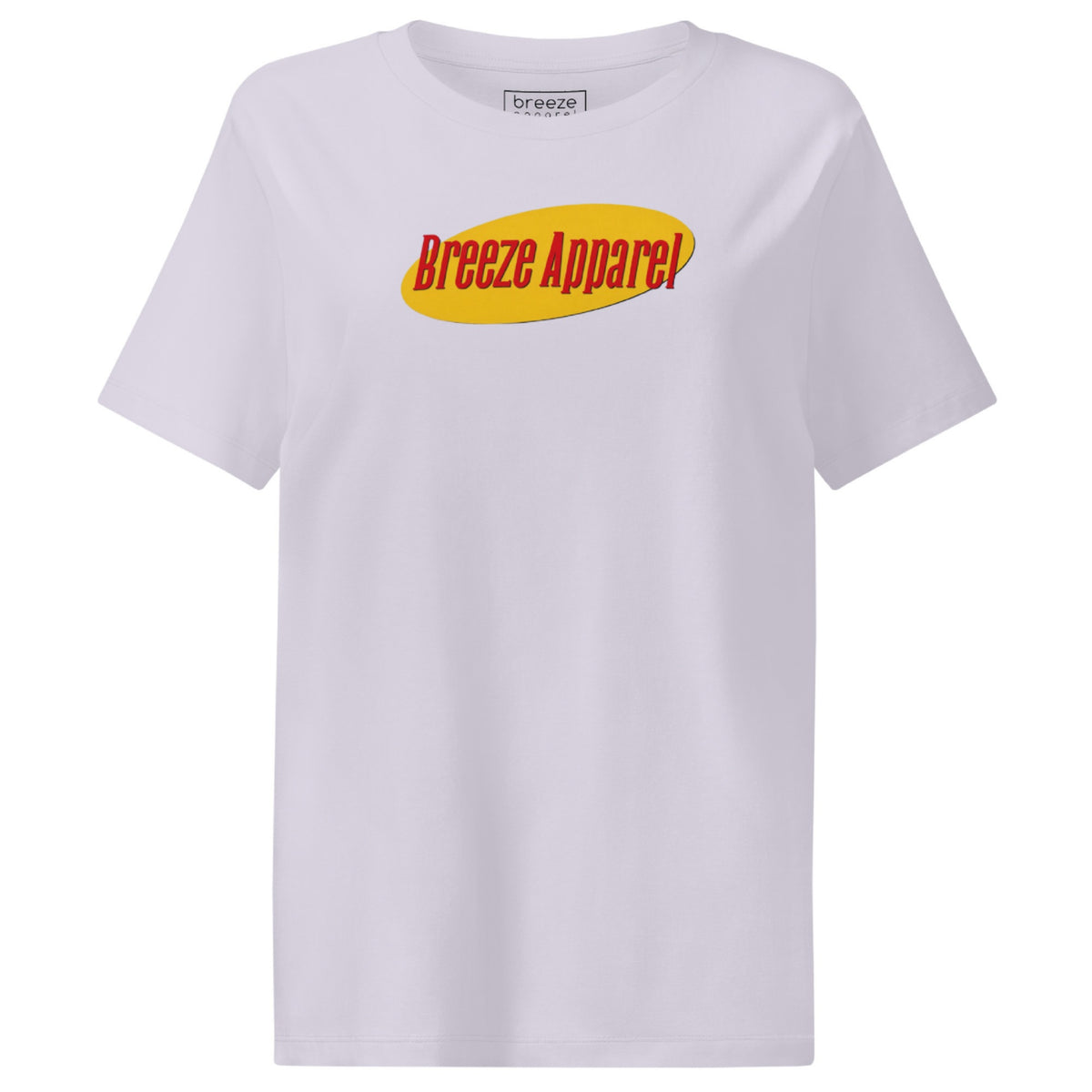Lavender t-shirt with graphic of 'Breeze Apparel' in red lettering set on a yellow oval.