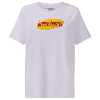 Lavender t-shirt with graphic of 'Breeze Apparel' in red lettering set on a yellow oval.