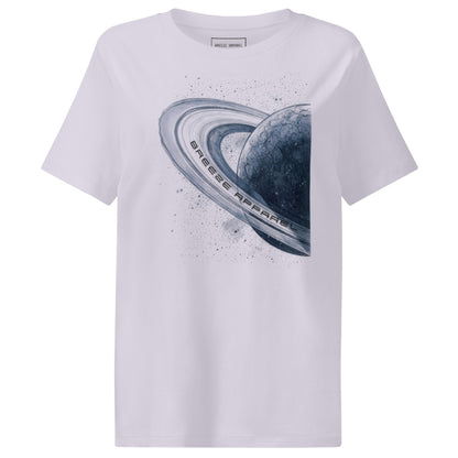 Lavender t-shirt with graphic of blue planet.