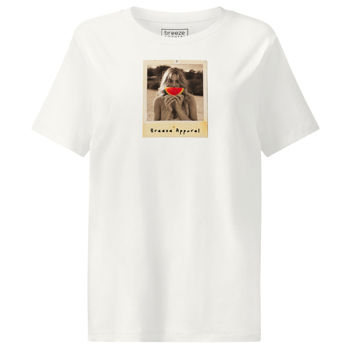 Off-white t-shirt with graphic of woman holding a watermelon slice in front of her mouth.