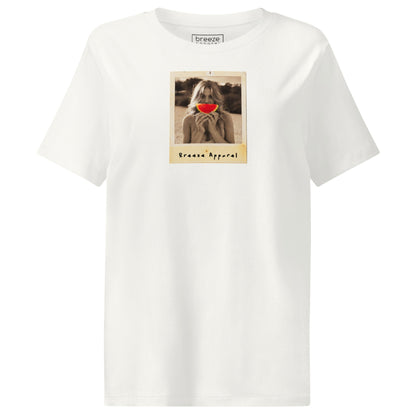 Off-white t-shirt with graphic of woman holding a watermelon slice in front of her mouth.