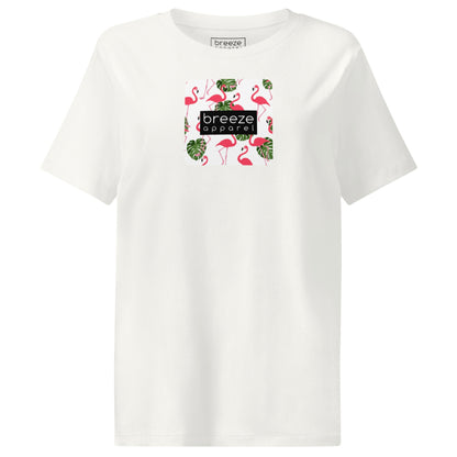 Off-white t-shirt with pattern of flamingos inside of a square, overlaid with a black box with 'breeze apparel' in white inside.
