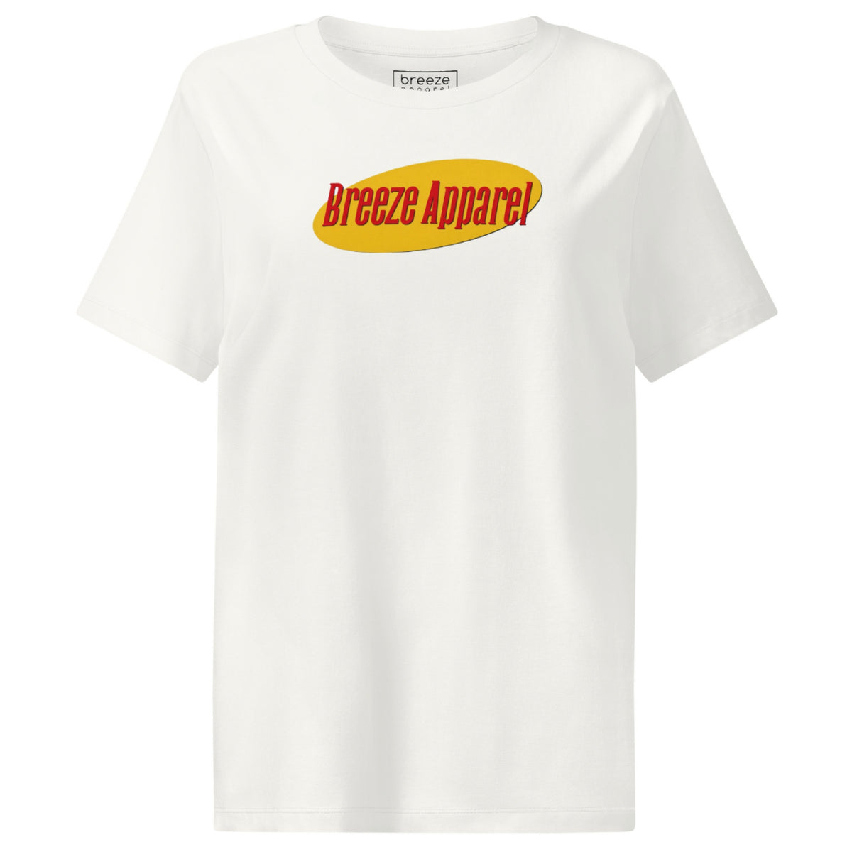 White t-shirt with graphic of 'Breeze Apparel' in red lettering set on a yellow oval.