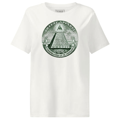 White t-shirt with graphic of pyramid resembling that on the US one-dollar bill.
