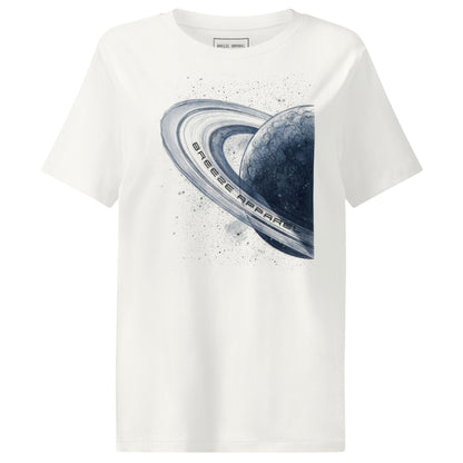 White t-shirt with graphic of blue planet.
