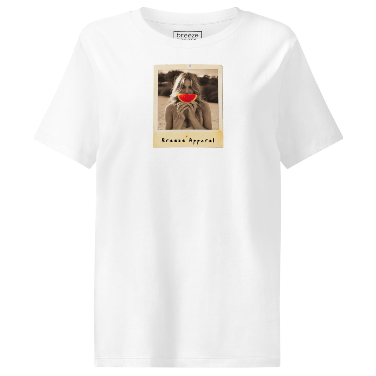 White t-shirt with graphic of woman holding a watermelon slice in front of her mouth.