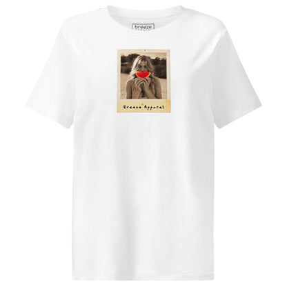 White t-shirt with graphic of woman holding a watermelon slice in front of her mouth.